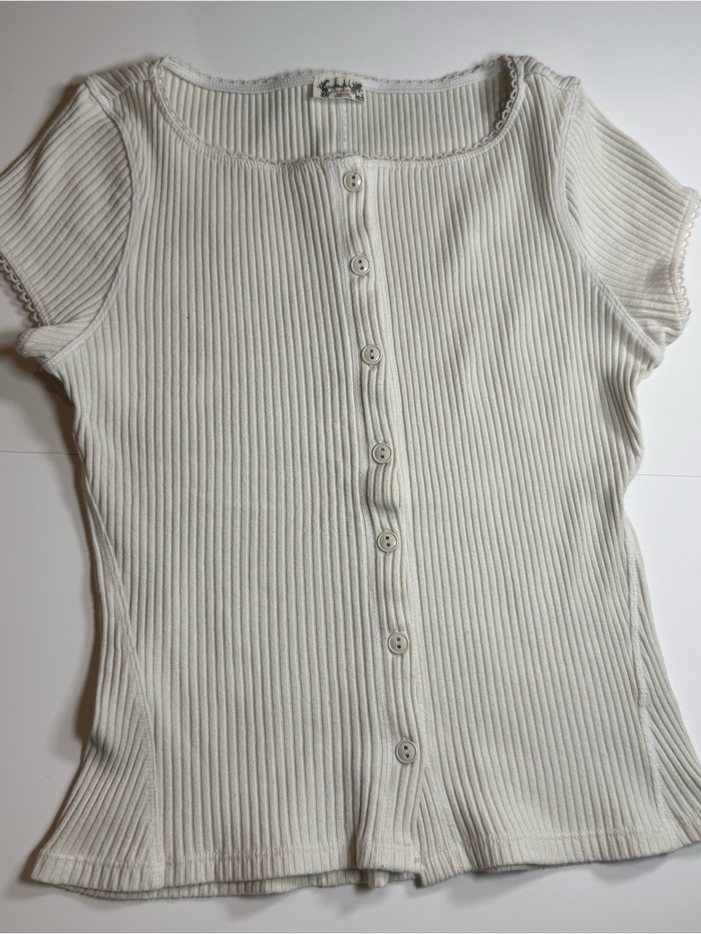 Free People Cream Ribbed Button-Front Short Sleeve Top